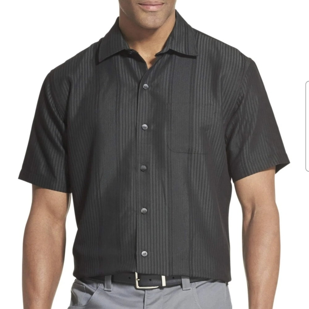 Van Heusen Button Up Shirt Black Large 16-16 1/2 Lightweight Woven Stripes